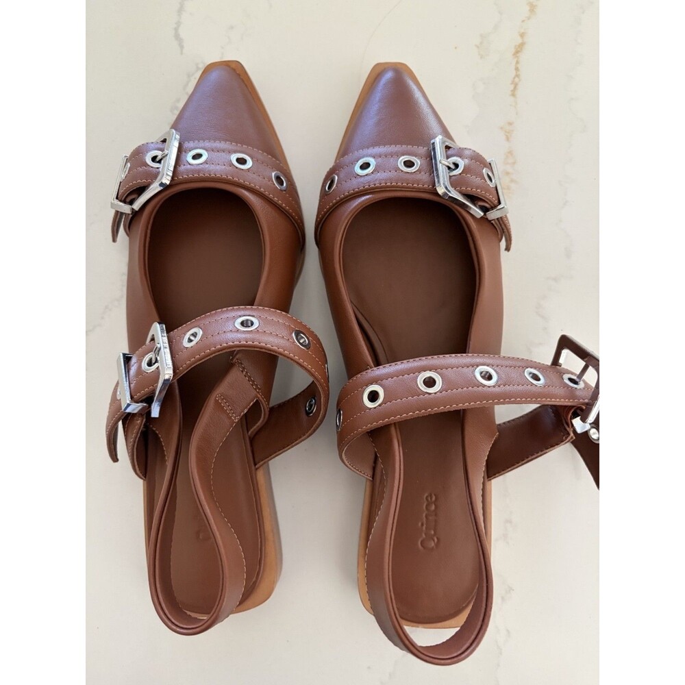New Quince Women Italian Leather Bold Buckle Slingback Flat Cognac Shoes 8